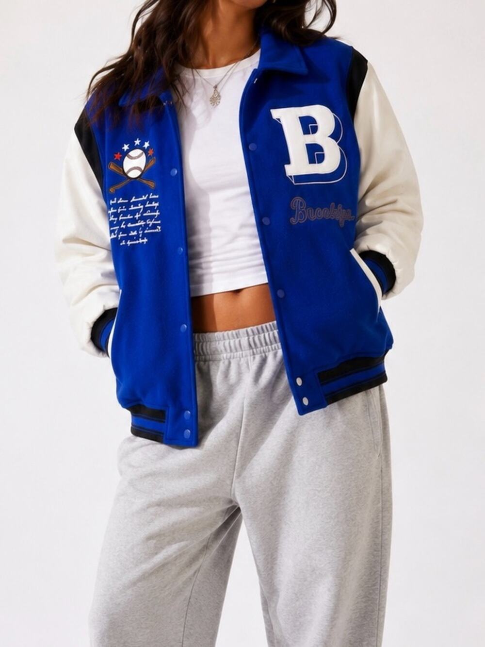 H&M Brooklyn Varsity Bomber Jacket Blue White Oversized Felt Leather Size Medium